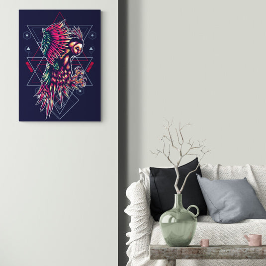 Cuadro decorativo con fondo azul mate oscuro, figuras geométricas aludiendo a alas y búho central en tono café