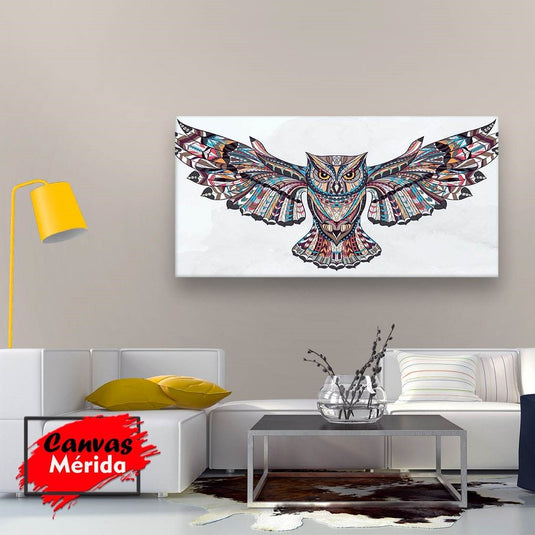 Cuadro decorativo: Búho con alas extendidas y diseños variados sobre fondo blanco