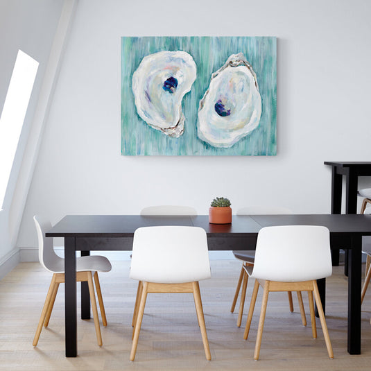 Pintura de dos ostras con perlas sobre fondo acuático