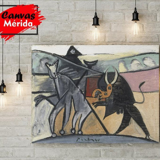 Escena abstracta de toros y caballos