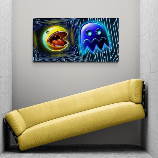Cuadro decorativo Pac-Man y fantasma estilo neón futurista en lienzo
