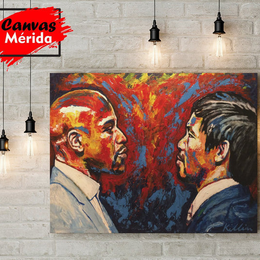 Cuadro de boxeo entre Pacquiao y Mayweather en estilo expresionista.