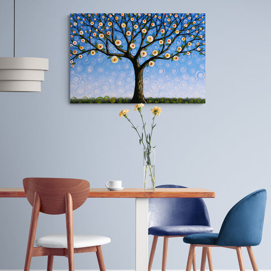 Cuadro_decorativo_fondo_azul_árbol_grande_con_flores_amarillas_punto_central_en_flor
