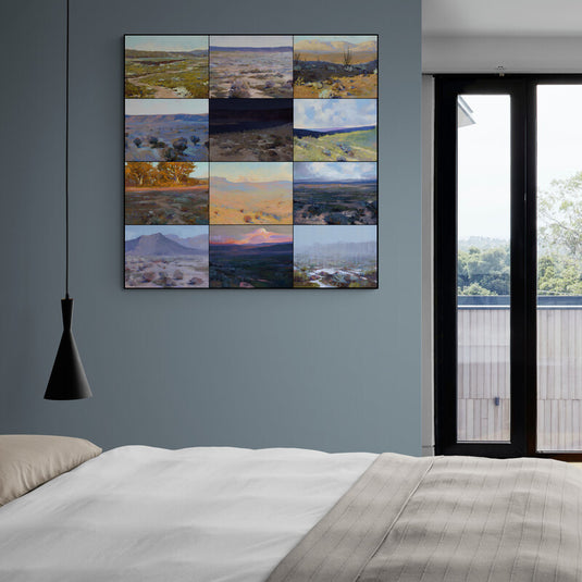 Cuadro collage de paisajes naturales con variaciones de luz y color, ideal para decoración de interiores con temática de naturaleza y paisajismo.