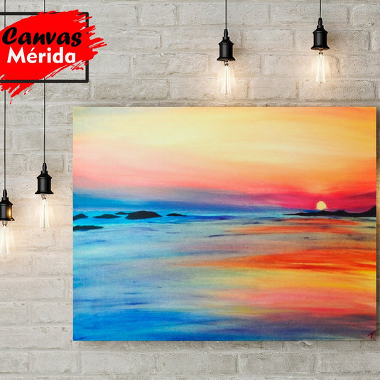 Pintura al agua de un atardecer suave con cielo en tonos pastel y sol en el horizonte
