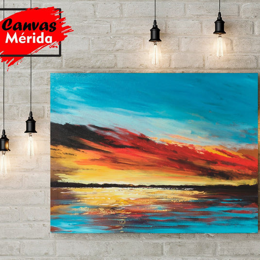 Cuadro decorativo de atardecer sobre el mar en tonos azul, rojo y dorado