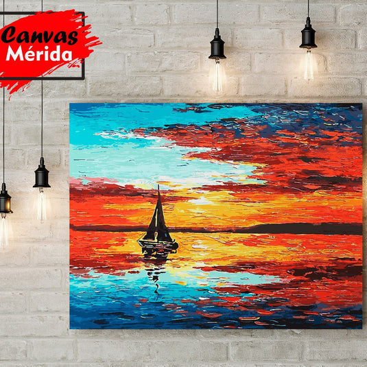 Pintura de un velero al atardecer con cielo y mar reflejando rojos, naranjas y azules