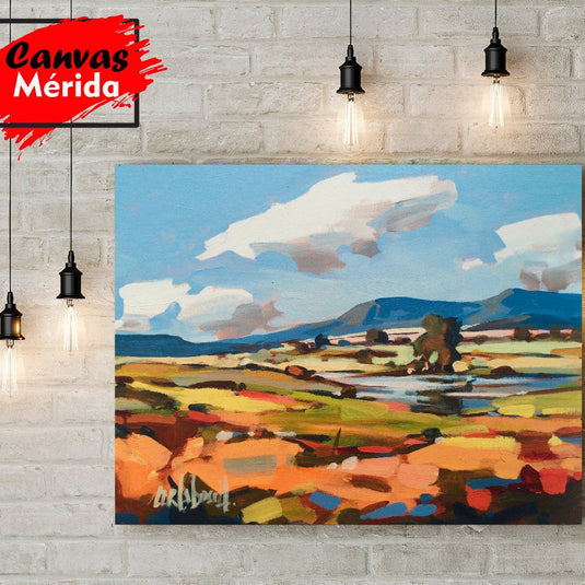 Paisaje abstracto con tonos azules y terracotas, cielo claro sobre campo de colores suaves, arte contemporáneo para decoración de interiores.