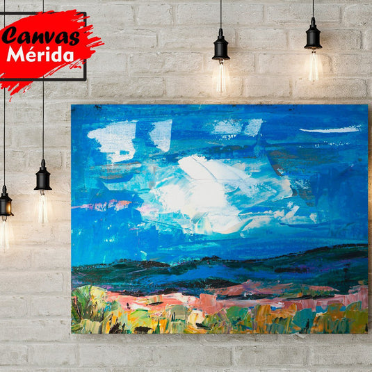 Paisaje abstracto con tonos azules y terracotas, cielo claro sobre campo de colores suaves, arte contemporáneo para decoración de interiores.