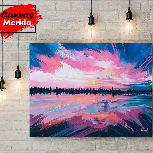 Pintura paisajística de atardecer con colores rosados, morados y azules reflejados sobre un lago, ideal para decoración moderna de sala o dormitorio. Arte abstracto contemporáneo.