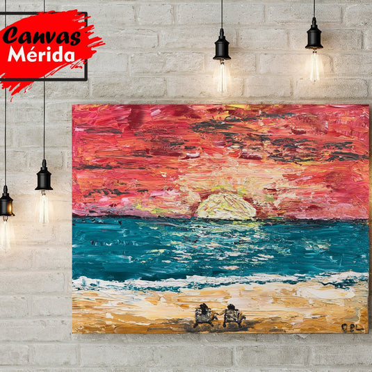 Pintura al óleo texturizada de un atardecer sobre el océano con dos figuras en la playa