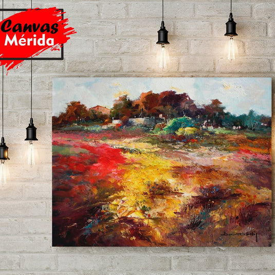 Cuadro paisaje otoñal con campos en tonos rojos, amarillos y verdes, ideal para decoración de sala, comedor u oficina. Pintura al óleo estilo impresionista.