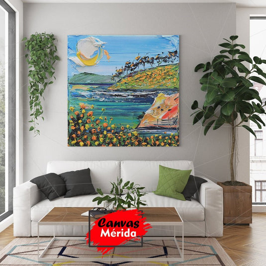 Cuadro impresionista de paisaje costero con flores