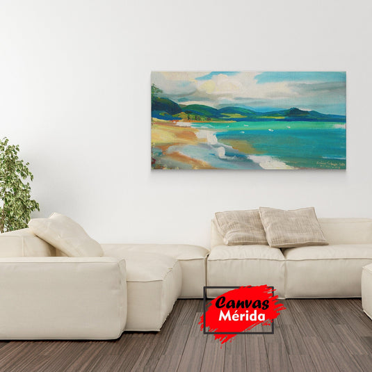 Pintura al óleo de una escena costera con mar azul y montañas al fondo