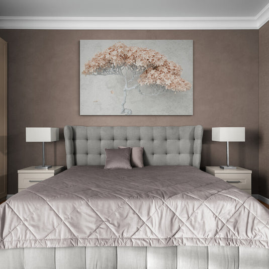 Cuadro_decorativo_tronco_blanco_hojas_rosas_fondo_gris