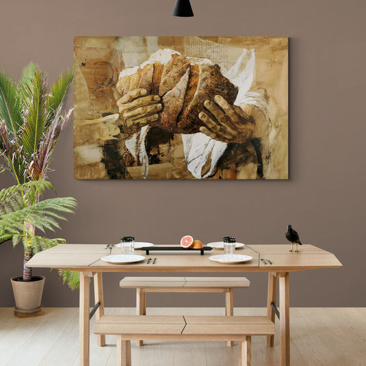 Manos sosteniendo pan rústico en una obra de arte espiritual.