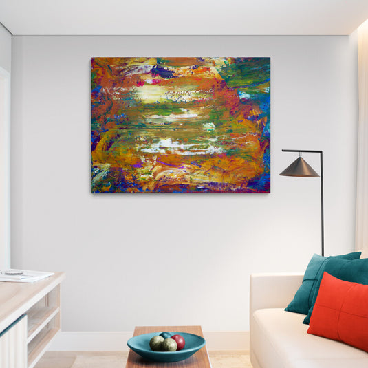 Cuadro abstracto moderno con figuras y colores vibrantes.
