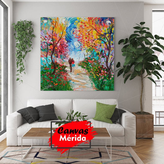 Paisaje vibrante en oleo: arbustos verdes con rosas multicolores, árboles de hojas variadas, cielo azul-blanco y pareja caminando por sendero.