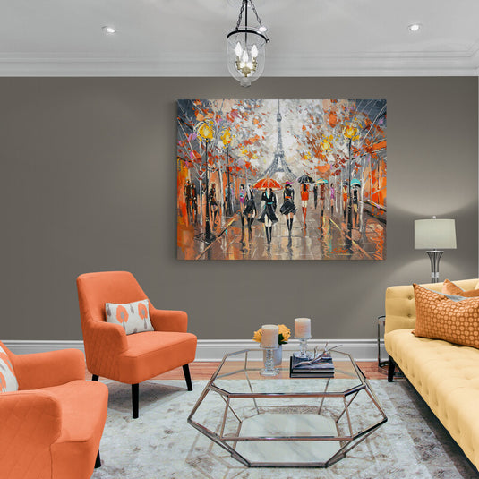 cuadro de París con Torre Eiffel y gente con paraguas – arte urbano moderno estilo impresionista con colores cálidos y otoñales