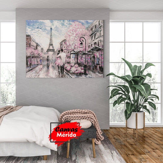 Cuadro de París con Torre Eiffel y cerezos rosas en flor, estilo impresionista.
