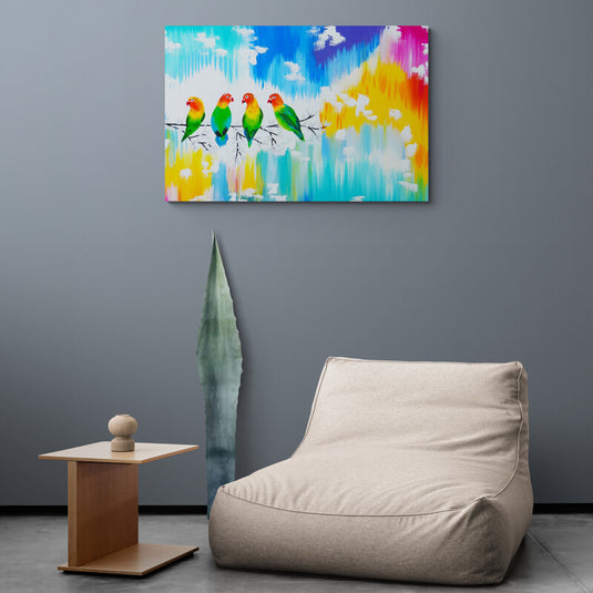 Cuadro Decorativo con Fondo en Turquesa, Azul, Amarillo y Fucsia, con Loros Verdes, Amarillos y Rojos en una Delgada Rama