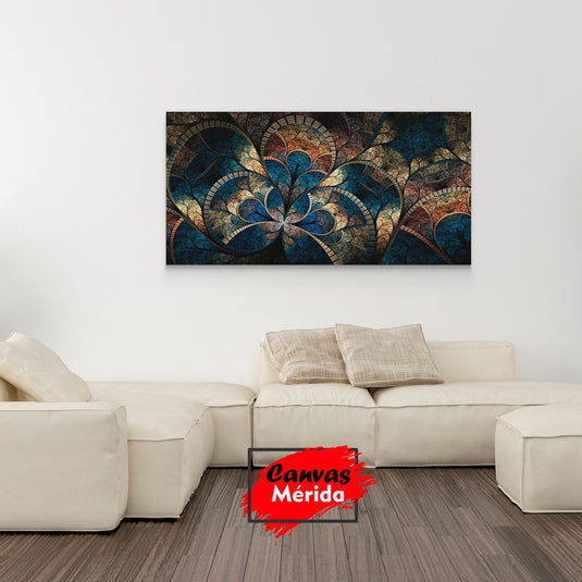 Arte digital de espirales fractales en tonos azules y dorados