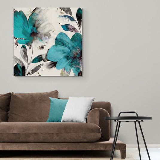 Pintura abstracta de flores turquesa y grises