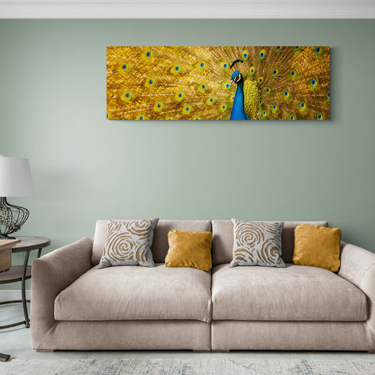 Cuadro decorativo: Pavo real con plumas amarillas y cuerpo azul