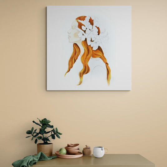 Obra de arte en proceso con perfil humano y elementos florales