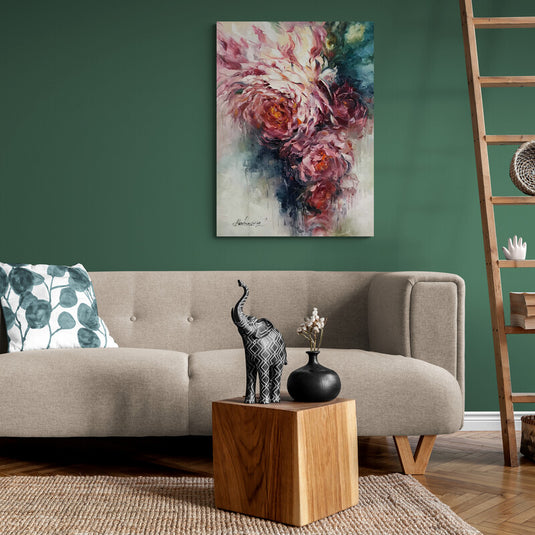 Pintura abstracta de peonías en tonos vibrantes
