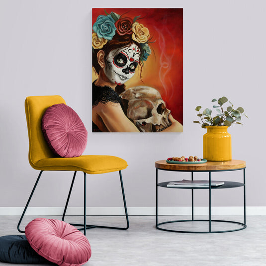 Pintura de Catrina con calavera y corona de flores