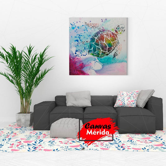 Pintura de acuarela abstracta de una tortuga marina con colores vibrantes y salpicaduras