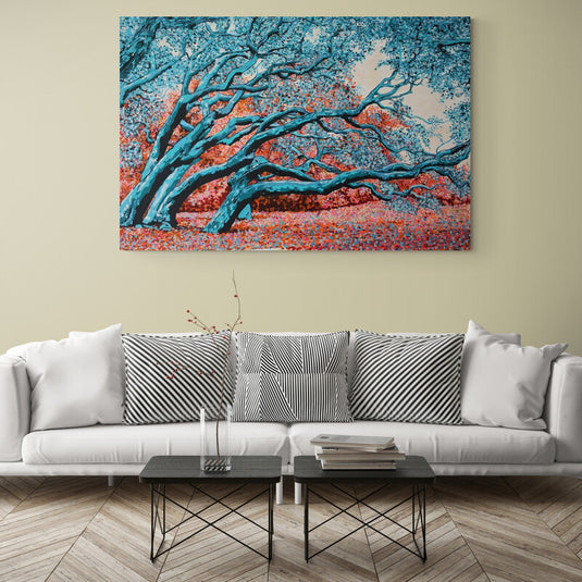 Cuadro Decorativo: Árbol Azul con Hojas en Tonos Azules sobre Fondo Rojo