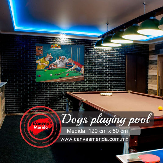 Perros jugando billar en sala de juegos