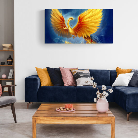 Cuadro decorativo: Fénix amarillo y naranja sobre fondo azul con halo blanco