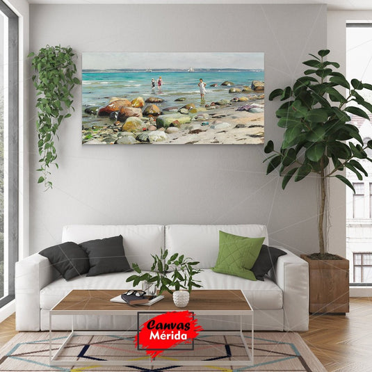 Pintura de niños jugando en una playa rocosa con veleros al fondo