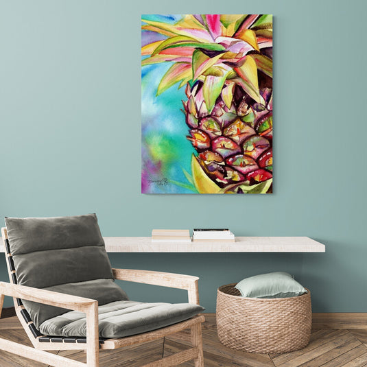 Acuarela colorida de piña con fondo en tonos pasteles