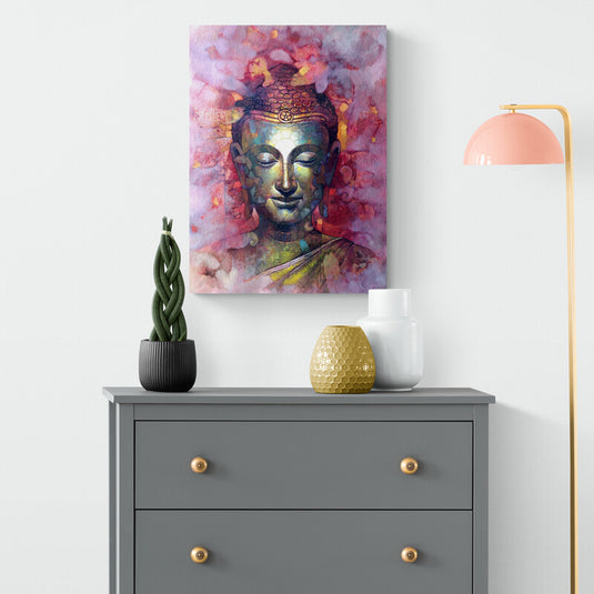 Representación artística de Buda en acuarelas con tonos rosados y aura de tranquilidad para decoración de interiores