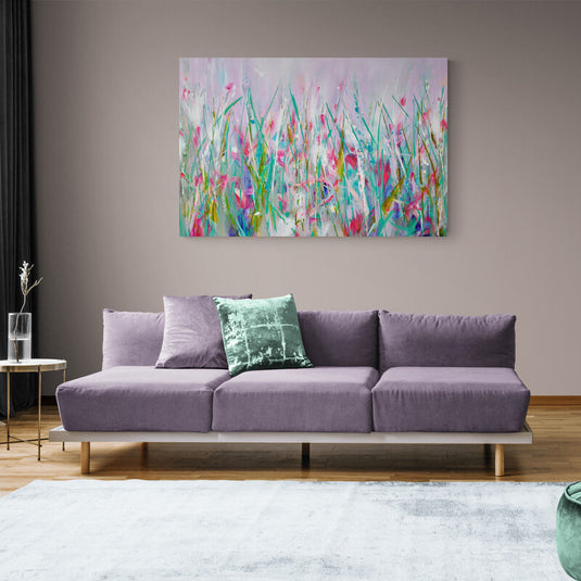 Paisaje abstracto de flores y hierbas en tonos pastel