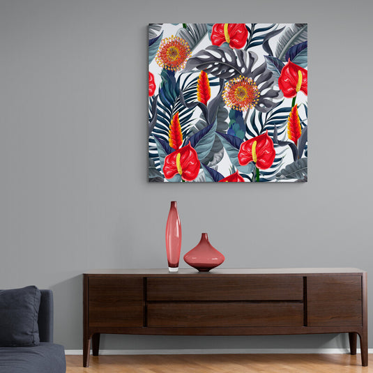 Patrón botánico detallado con anturios rojos y follaje tropical