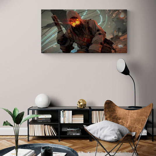 Arte digital Killzone guerrero futurista con ojos luminosos en ambiente bélico