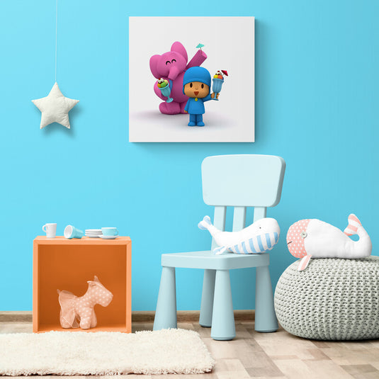 Cuadro decorativo infantil de Pocoyó y Elly con malteadas – arte colorido y alegre para habitación de niños o guardería
