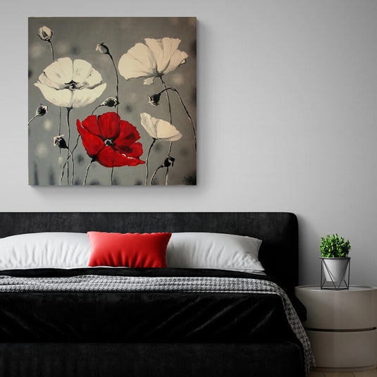 Pintura de amapolas rojas y blancas sobre fondo gris
