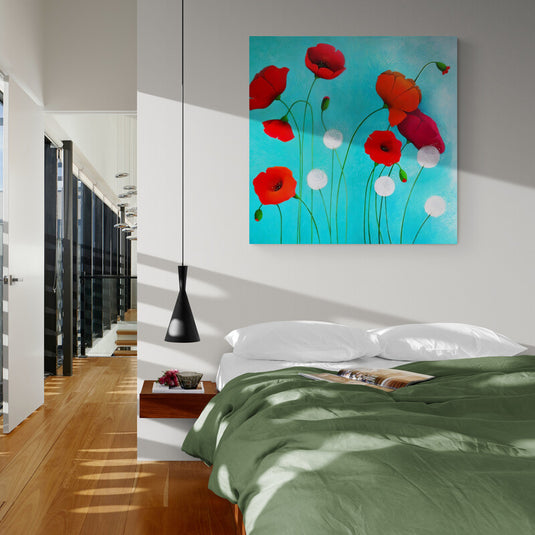 Amapolas rojas sobre fondo turquesa