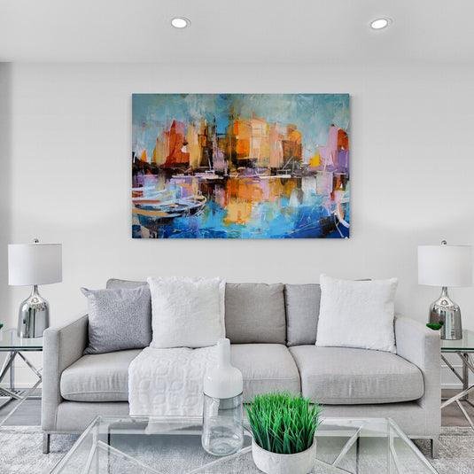 Pintura abstracta de veleros en una marina con edificios coloridos