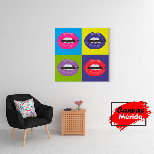 Collage de arte pop con cuatro pares de labios en colores vibrantes sobre fondos contrastantes
