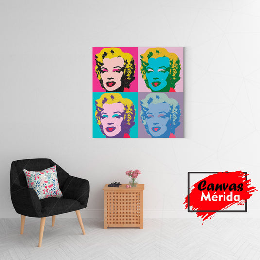 Cuatro paneles de arte pop con retrato estilizado de celebridad en colores neón