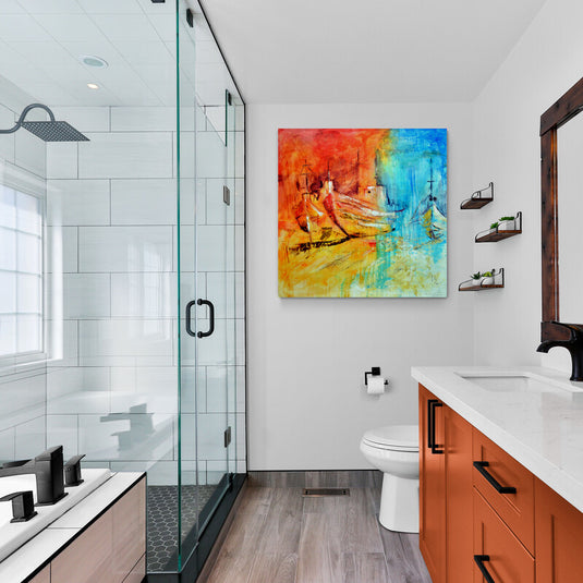 Pintura abstracta de barcos con una paleta de colores cálidos y fríos