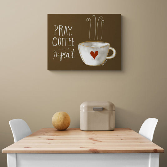 Ilustración minimalista de una taza de café con corazón rojo y la frase "Pray, Coffee, Repeat" sobre fondo marrón, ideal para decoración espiritual y acogedora en cocinas, oficinas o salas de estar.
2/2