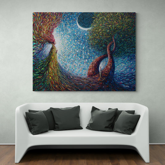 Cuadro decorativo Artística_Mujer_Con_Vestido_Verde_Conectado_Árbol_Entrelazado_Fondo_Lunar_Azul